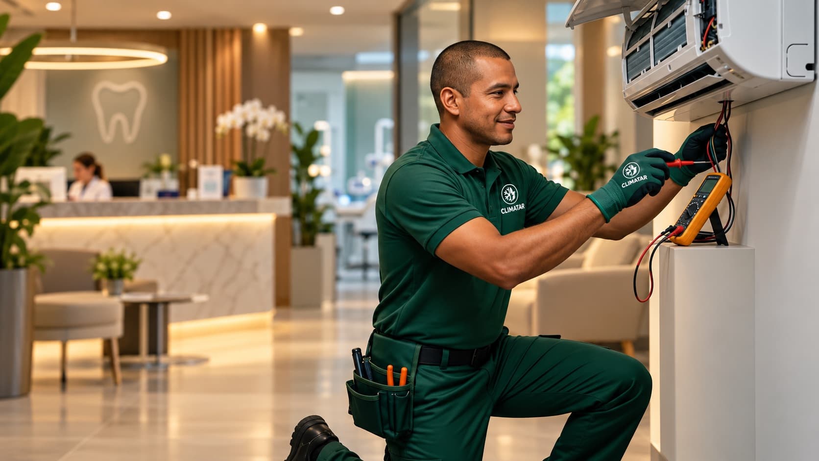 Técnico Climatar a realizar manutenção de ar-condicionado